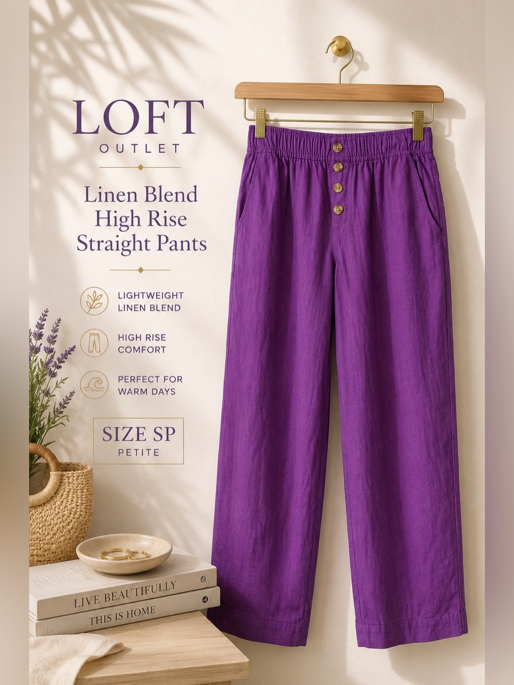 LOFT Outlet High Rise Straight Linen Blend Pants Purple Petite